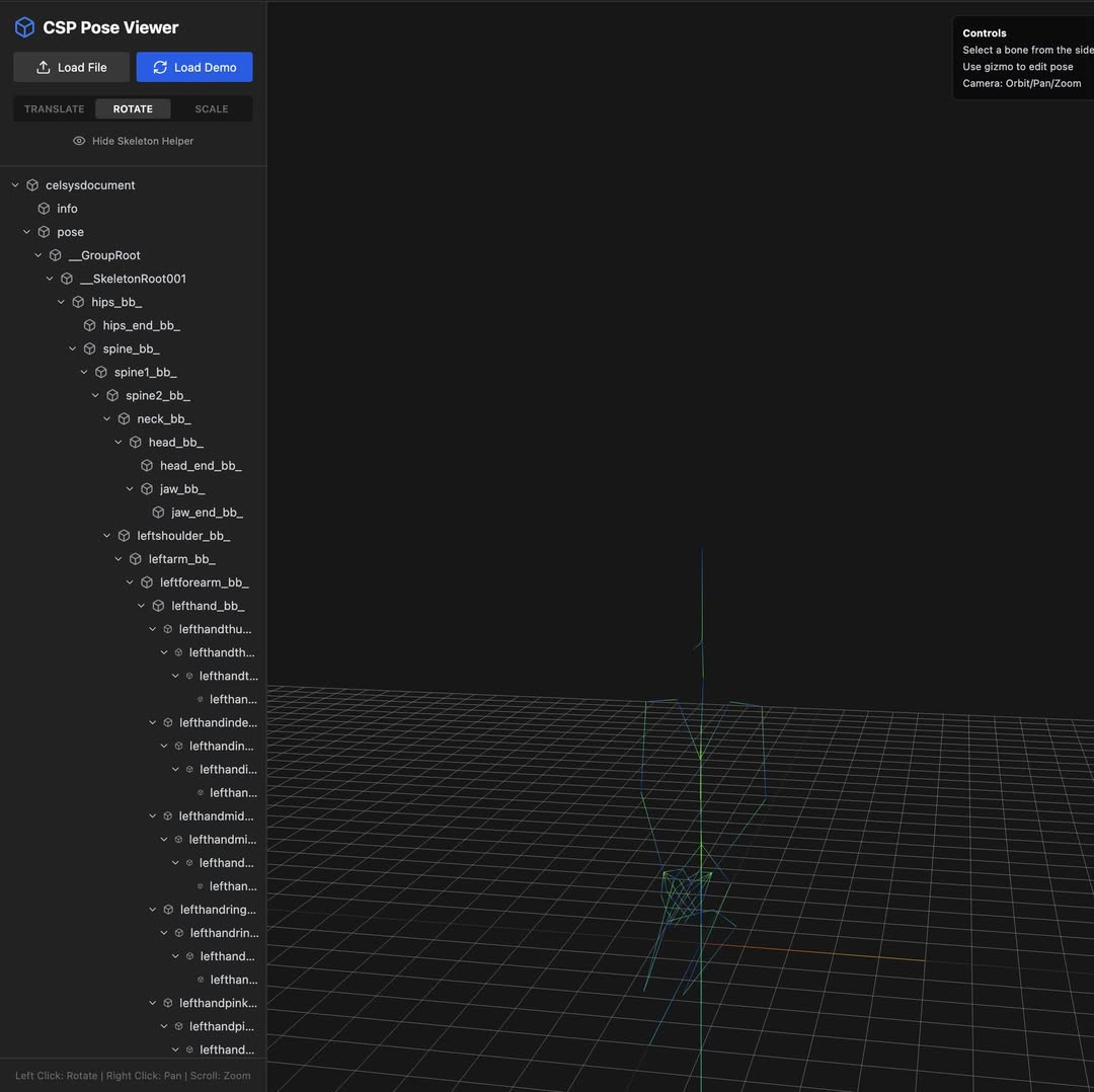 클립스튜디오에서 포즈 데이터를 빼서 3D 뼈대로 재구성